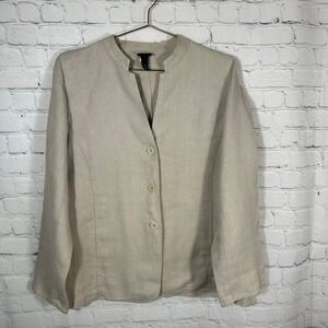 Eileen Fisher Womens Beige Textured Linen Blend Button Front Blazer Jacket